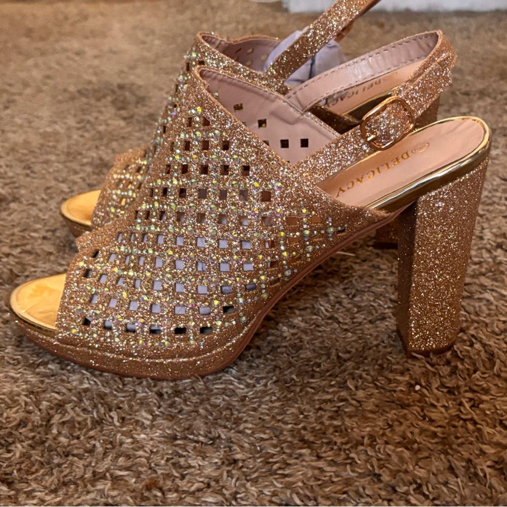Gold glitter heels. Open toe. Size 9.